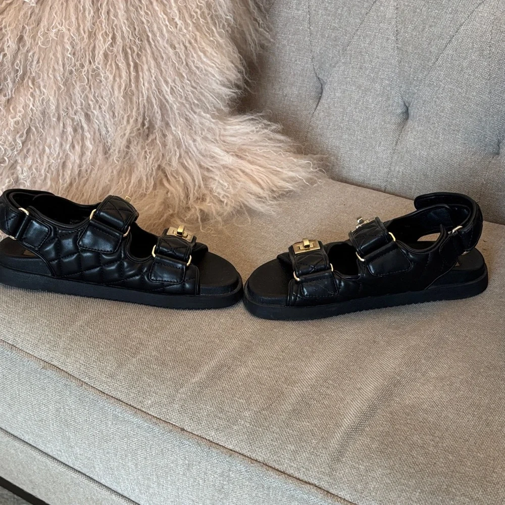 Steve Madden Black Quilted Leather Sandals with Gold Hardware